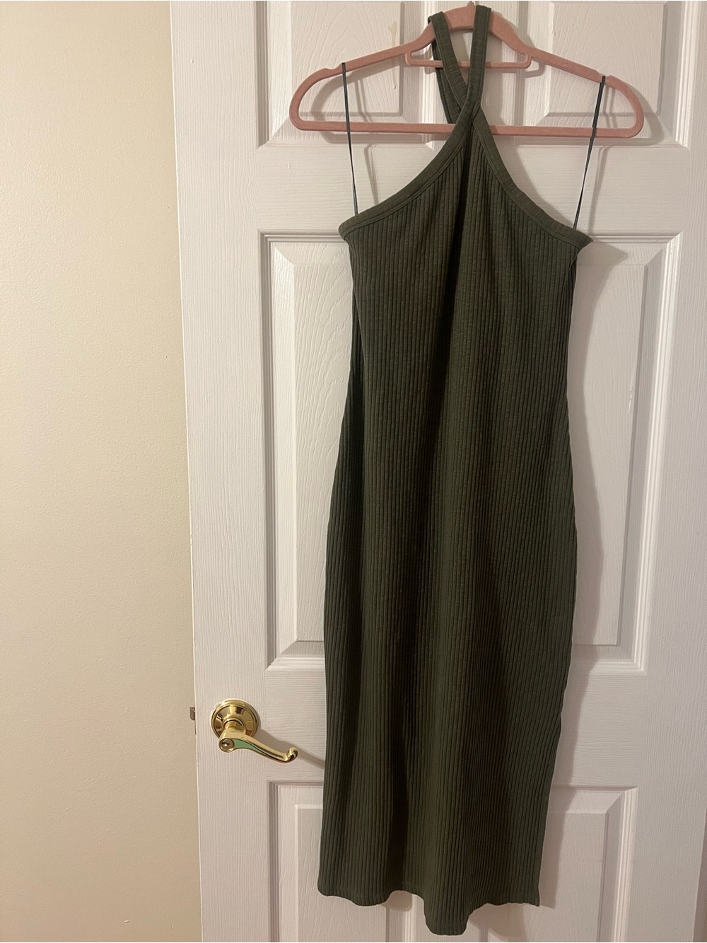 Old Navy Olive Ribbed Halter Midi Dress With Slit